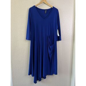 NWT Sympli Slant Pocket Asymmetric 3/4 Sleeves Dress Womens 12 Blue Stretch Midi
